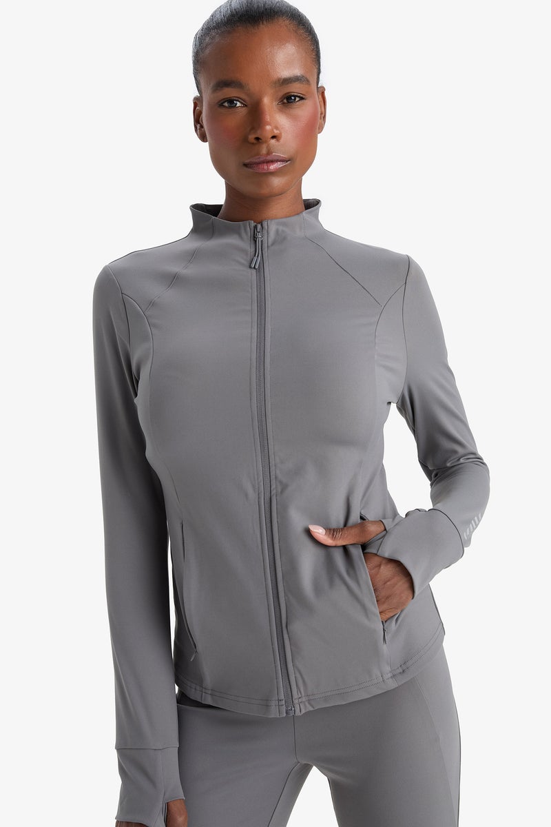 DeFacto Grey Woman Slim Fit High Collar Zip-Up Sweatshirt Casual - Image 3